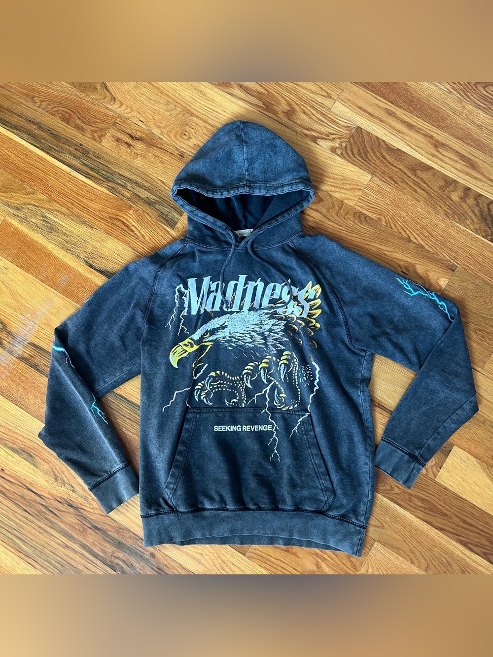 Black Washed Hoodie with Eagle and Lightning Graphics by PacSun